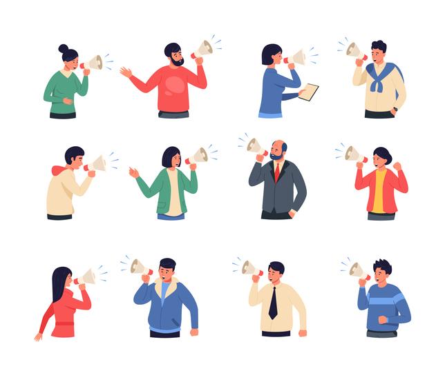 An illustration of twelve people using megaphones
