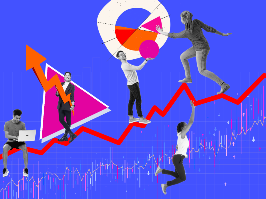 Human figures play with pie charts and line graphs