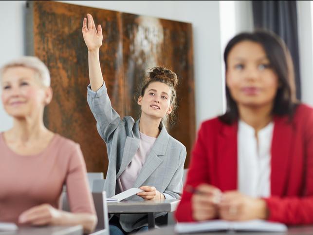 A student raises a hand at the back of class
