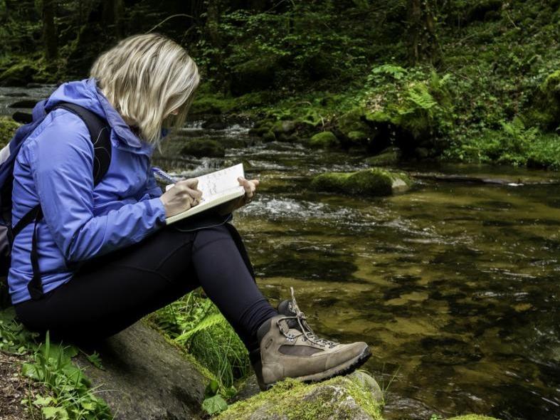 A student on a field trip in the forest taking notes