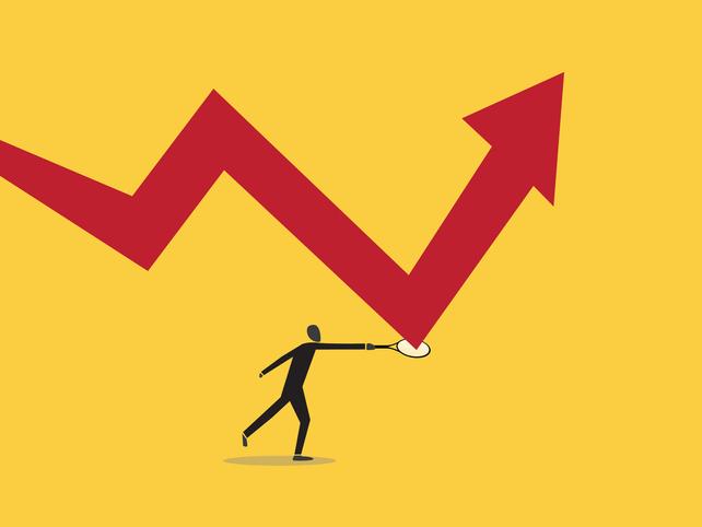 A graph is volleyed upwards by a tennis racquet-wielding figure