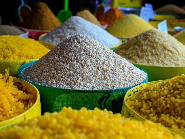 Couscous, among other ingredients, in a marketplace