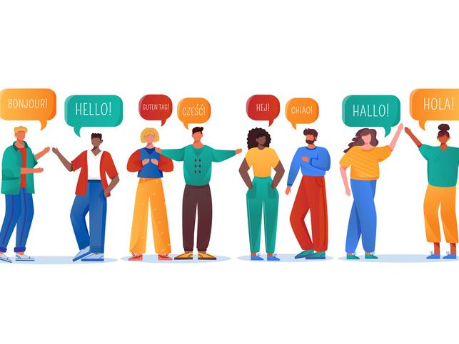 An illustration of students speaking different languages