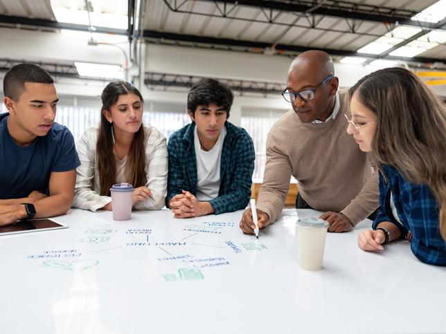 A professor guiding students through a task