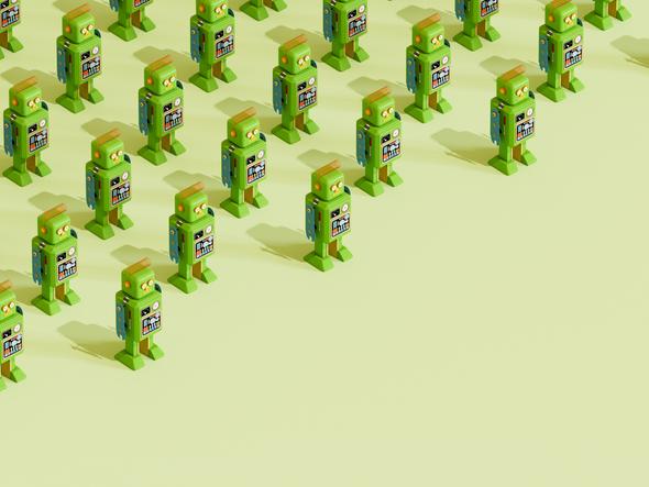 An army of toy robots stand in formation