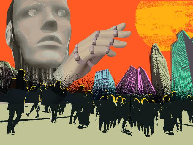 An illustration of a robot towering over a crowd of people and a backdrop of high rises