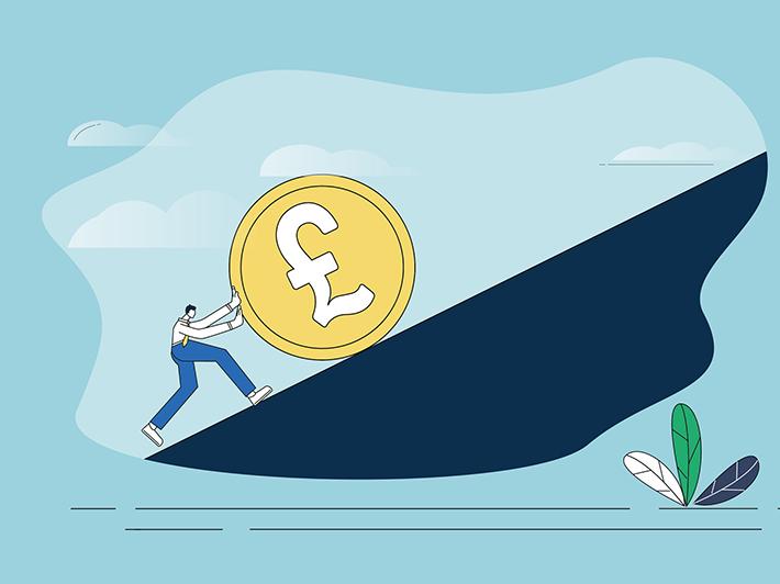Man pushing pound coin up a hill in Sisyphys metaphor for research funding