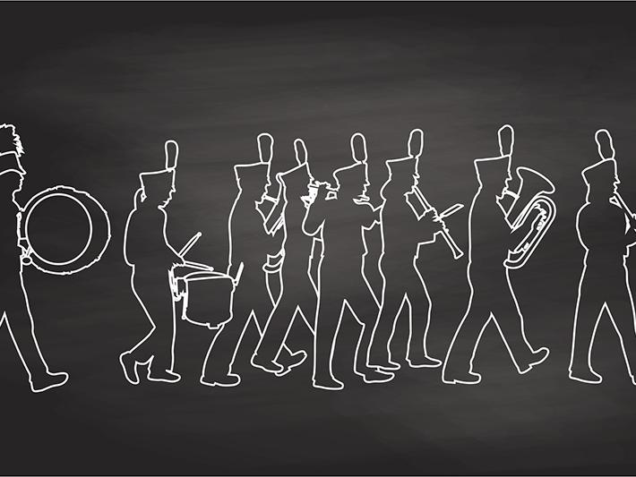 Outline of marching band as if in chalk on a blackboard