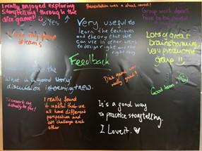 student feedback handwritten on a blackboard after an interactive lecture with storytelling dice on the IL029: An introduction to Design Thinking Theory and Practice module