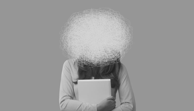 An illustration of a woman, her face obscured by a giant scribble
