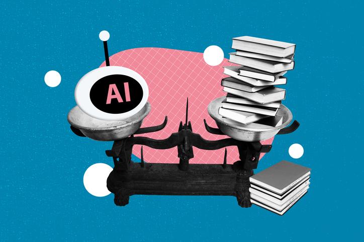 A pair of scales showing a balance between a pile of books and an AI bot