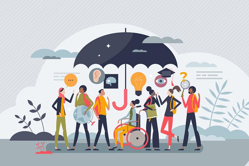 Illustration of group of diverse students under an umbrella