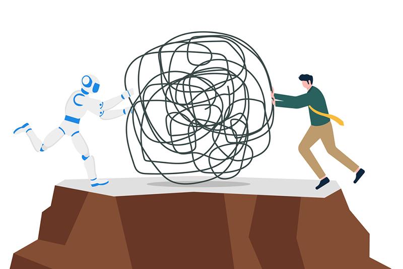 Illustration of robot and man on either side of ball of scribble