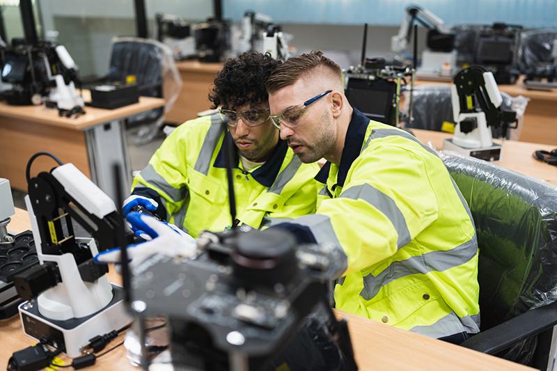 Two engineers in a robotics workshop