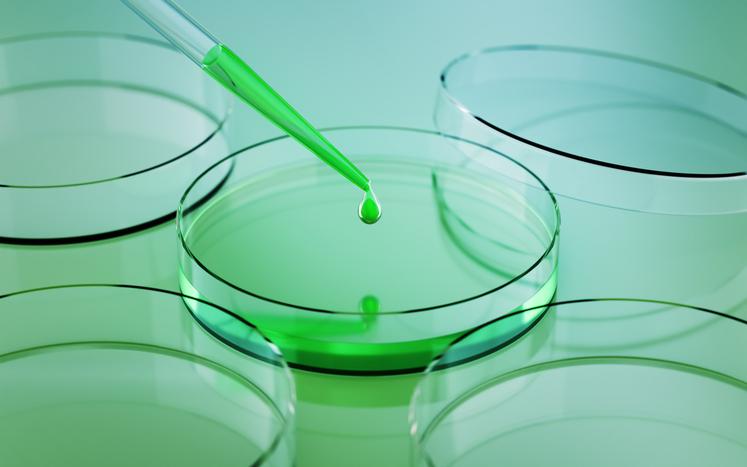 A green liquid is dispensed into a petri dish