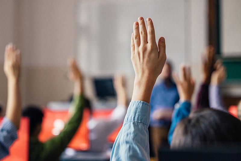 Students raising hands in class