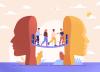An illustration of a group of people crossing a drawstring bridge from one head to another